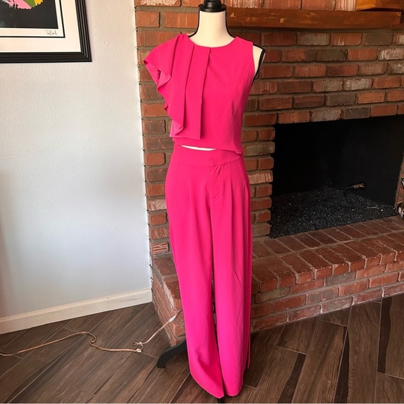 Alice + Olivia Pants - Alice + Olivia Marin Ruffle Top & Shavon Cut Out Wide Leg Pants Set Pink Sz 2/4